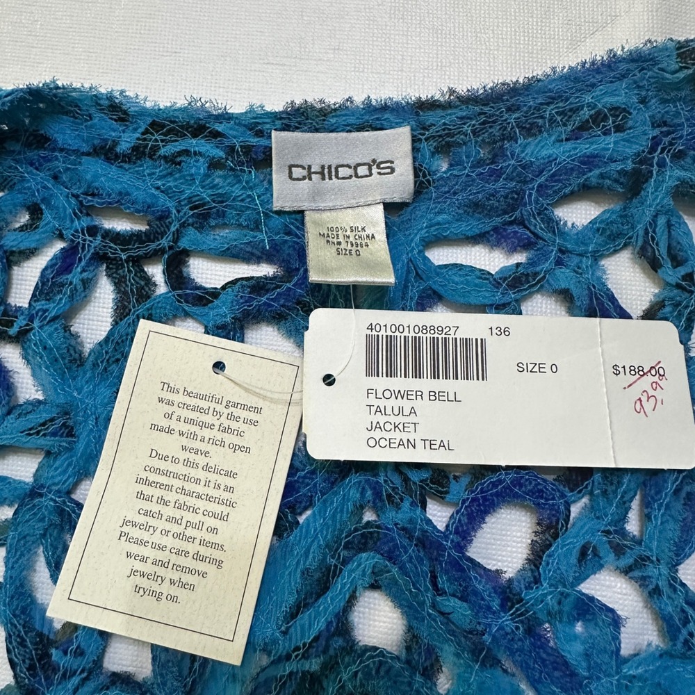 Chico's Silk Jacket Sz 0 S Talula Flower Bell Open Knit Boho Mermaidcore Artsy - Picture 4 of 12